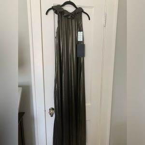 Tuckernuck ruffle high neck bronze metallic gown